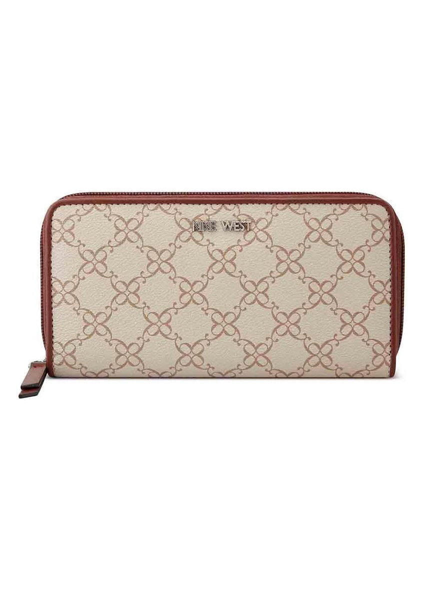 Nine West Zuri SLG Zip Around Wallet Mushroom Logo Mahogany