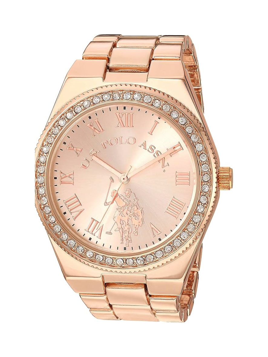 U.S. Polo Assn. Women's Rose Gold Watch with Roman Numerals and Crystal Bezel Accent