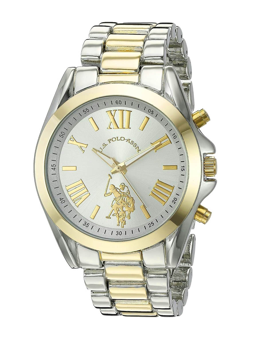 U.S. Polo Assn. Women's Analog Watch Silver Dial with Two-Tone Silver and Gold Stainless Steel Bracelet