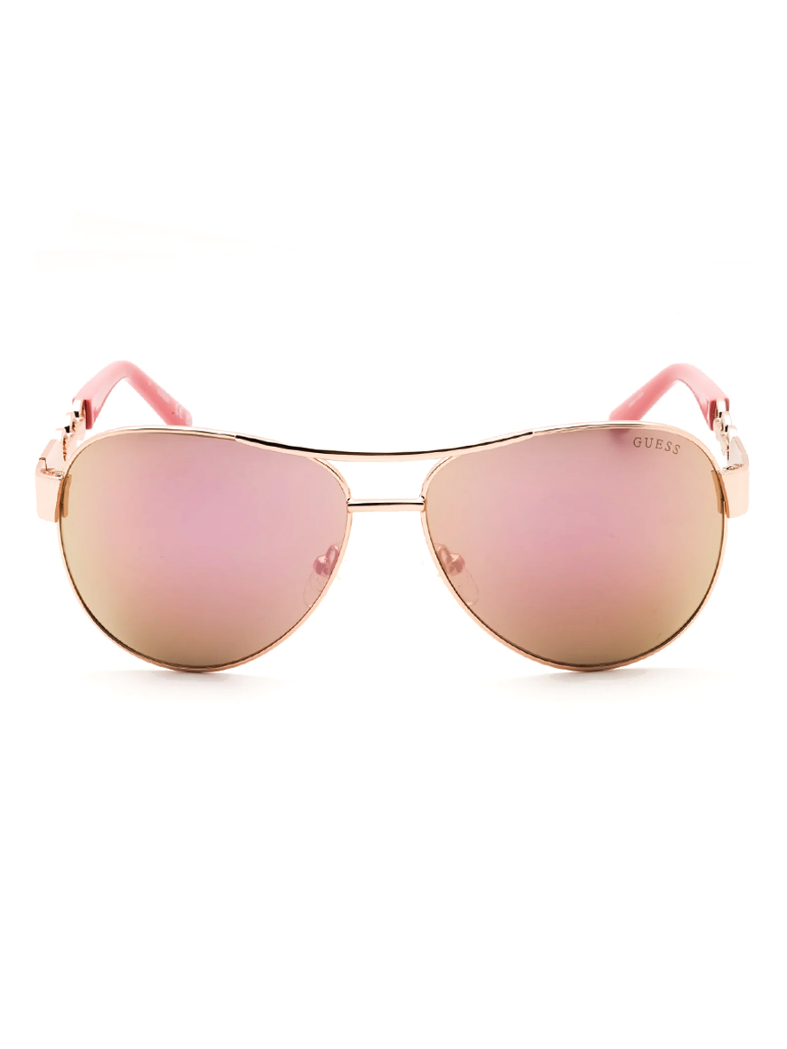 Guess Sunglasses Aviator Shiny Rose Gold Frame Rose Brown Mirror Lens