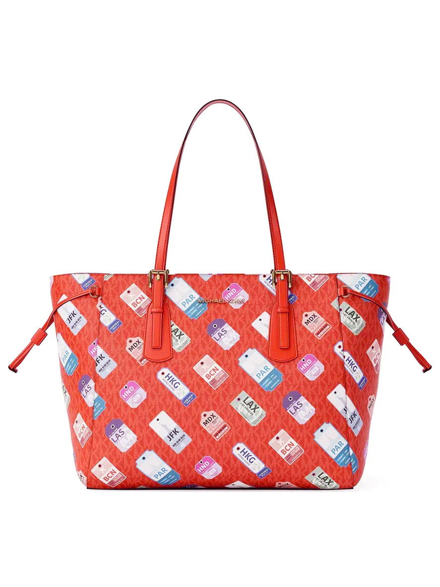 Michael Kors Voyager Large Printed Signature Logo Tote Bag Dark Sangria