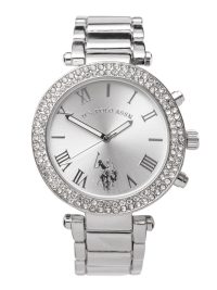 U.S. Polo Assn. Women's Quartz Silver Bracelet Dress Watch with Faced Bezel