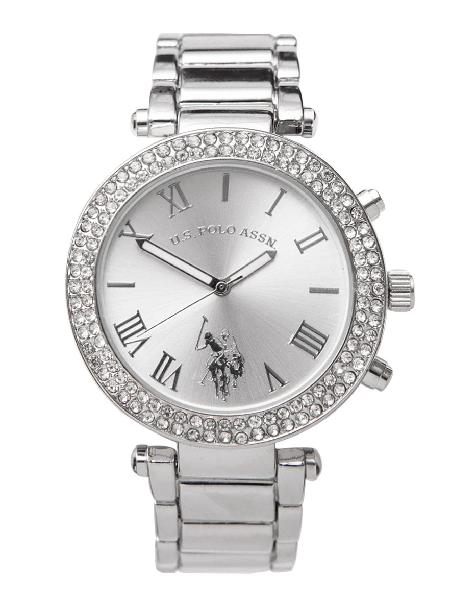 U.S. Polo Assn. Women's Quartz Silver Bracelet Dress Watch with Faced Bezel