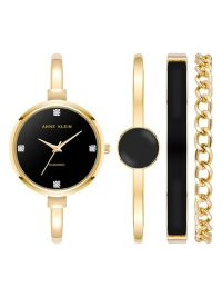 Anne Klein Women's Lab Grown Diamond Accented Watch and Bracelet Set Black Gold