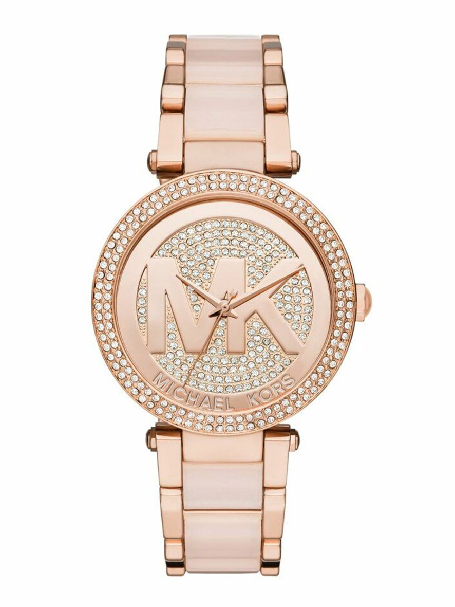 Michael Kors Women's Parker Crystal Pavé Logo Watch Rose Gold