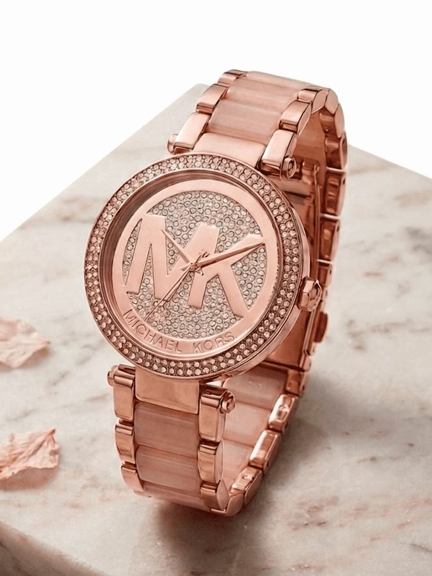 Michael Kors Women's Parker Crystal Pavé Logo Watch Rose Gold