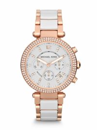 Michael Kors Women's Parker Crystal Pavé Logo Watch White Rose Gold