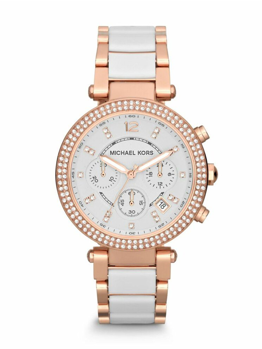 Michael Kors Women's Parker Crystal Pavé Logo Watch White Rose Gold