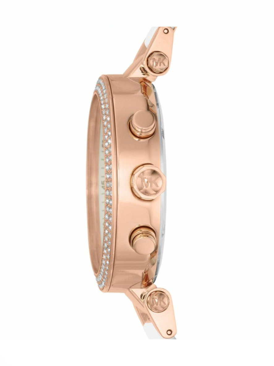 Michael Kors Women's Parker Crystal Pavé Logo Watch White Rose Gold