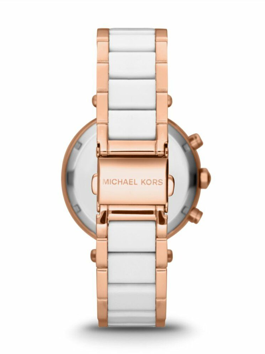 Michael Kors Women's Parker Crystal Pavé Logo Watch White Rose Gold