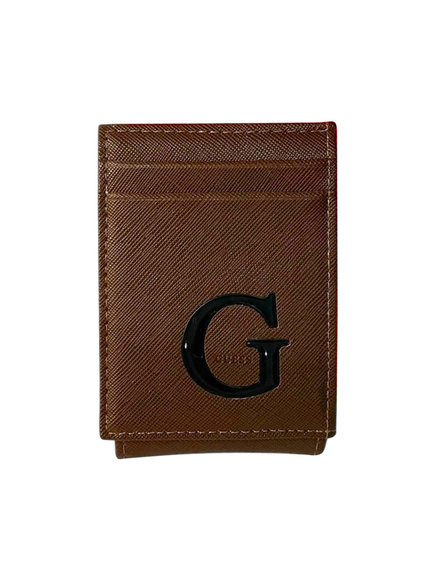 Guess Men's Pass Flip Case Clear ID Bifold Magnetic Wallet Brown