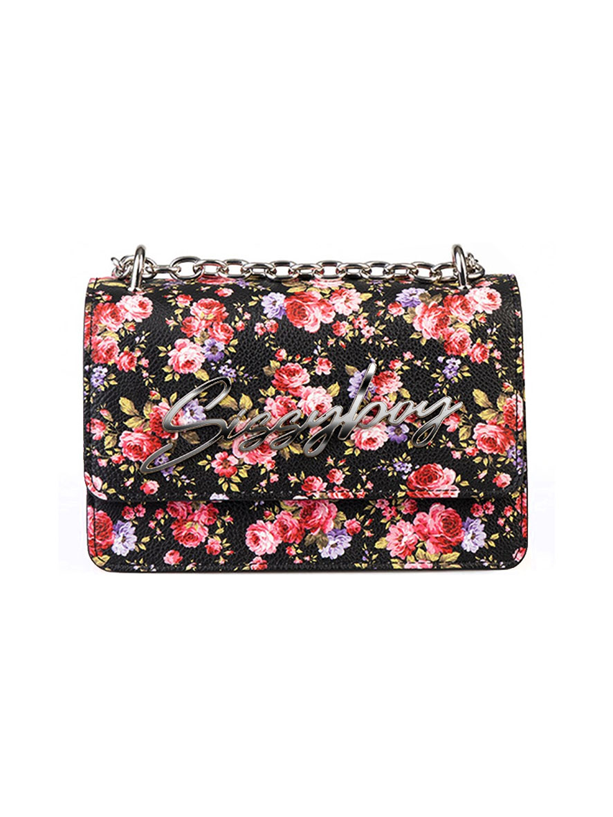Sissy Boy Fancy Florals Sling Crossbody Bag Black Purple Pink