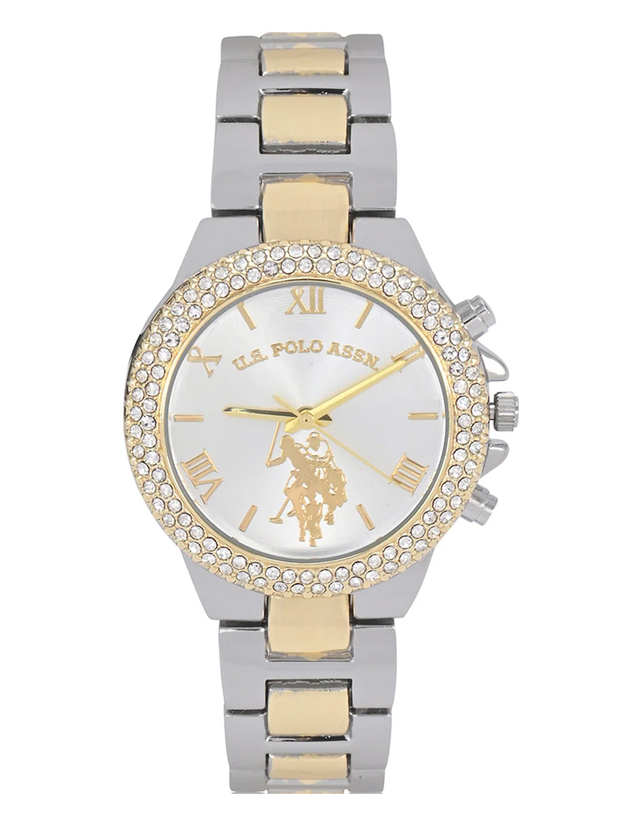 U.S. Polo Assn. Ladies Two Toned Embellished Link Watch Gold Silver